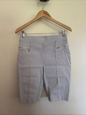Chico's perfect stretch navy Blue and White Pinstripe Bermuda Shorts